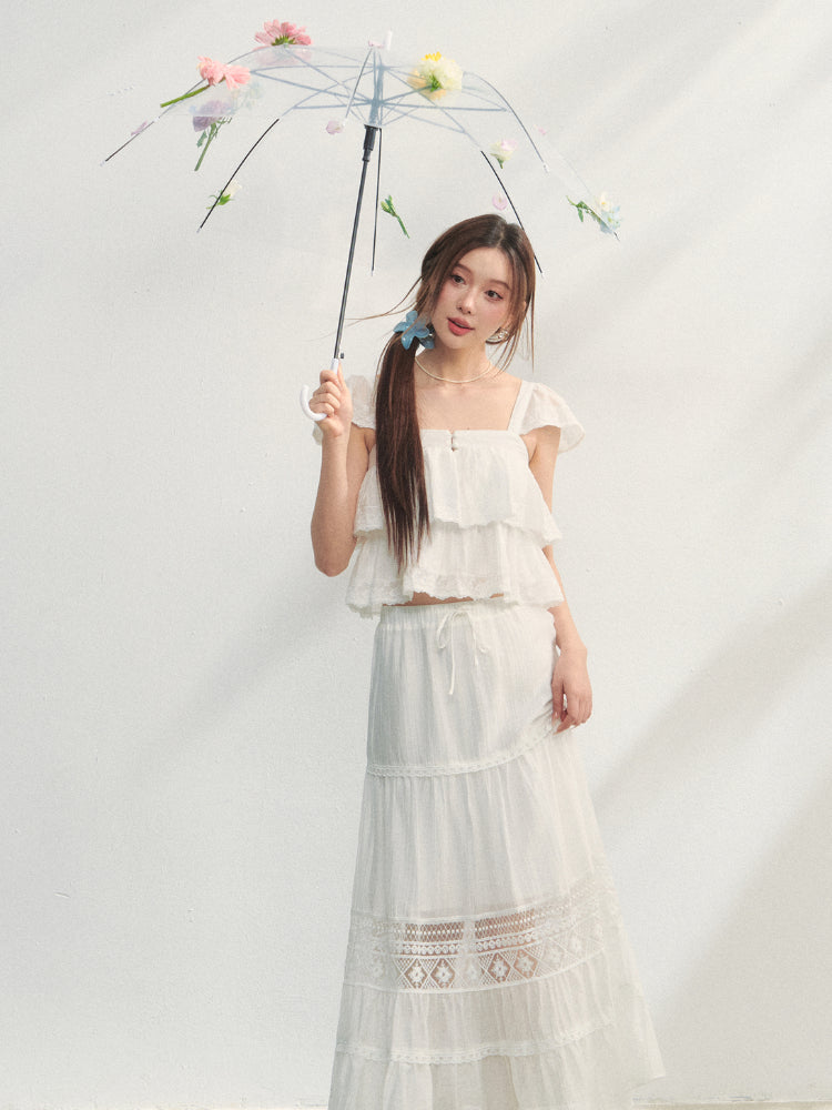 Soft Flutter Sleeve Blouse & Skirt Set