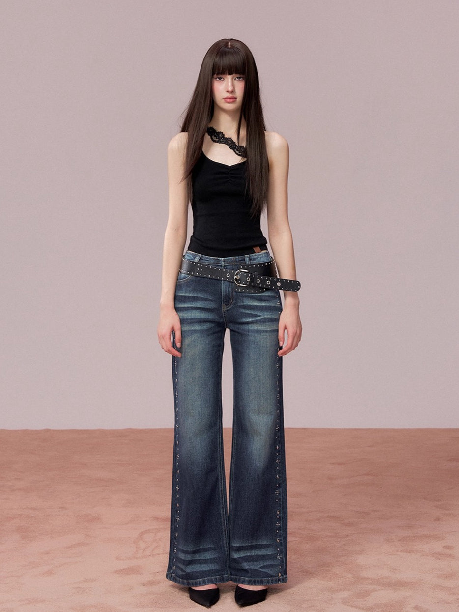 Studded Wash Straight-Leg Jeans
