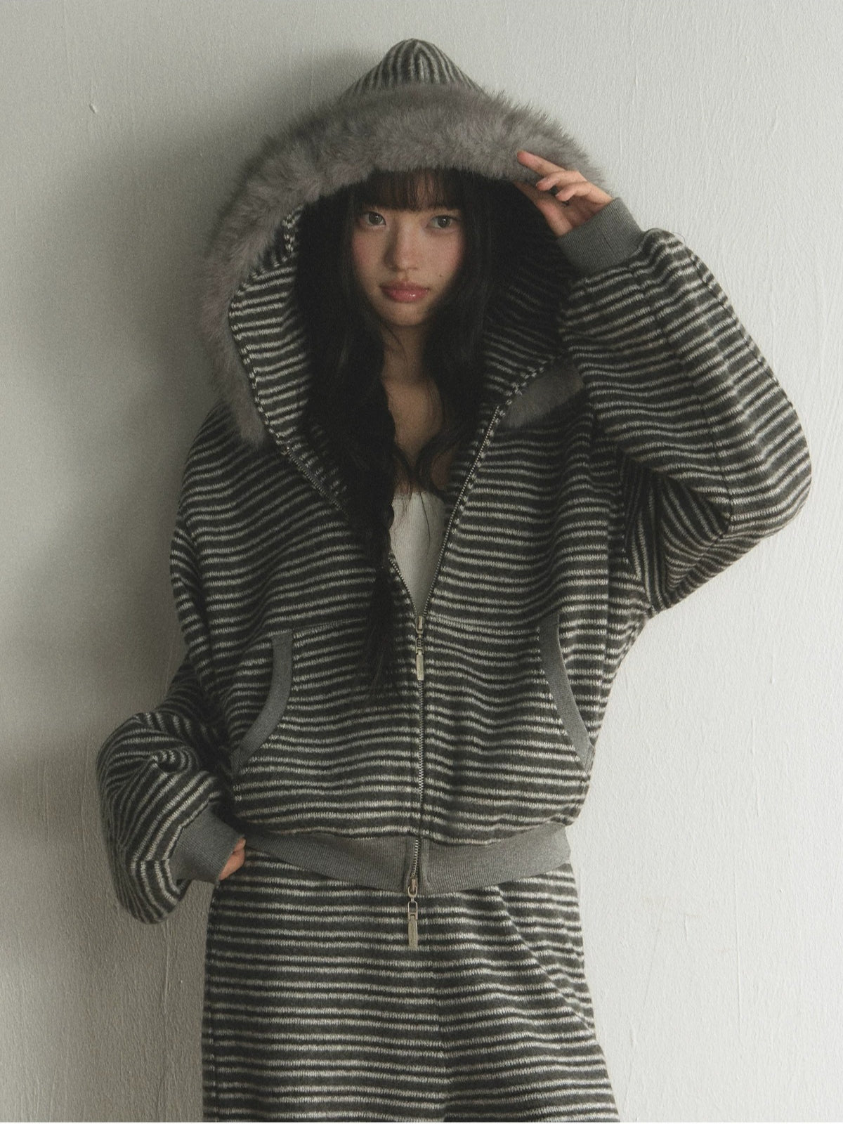 Striped Faux Fur Hooded Zip Cardigan