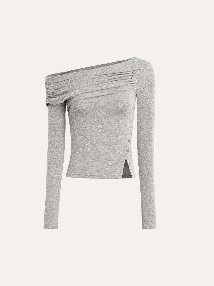 Asymmetric Shoulder Voluminous Ruched T-Shirt