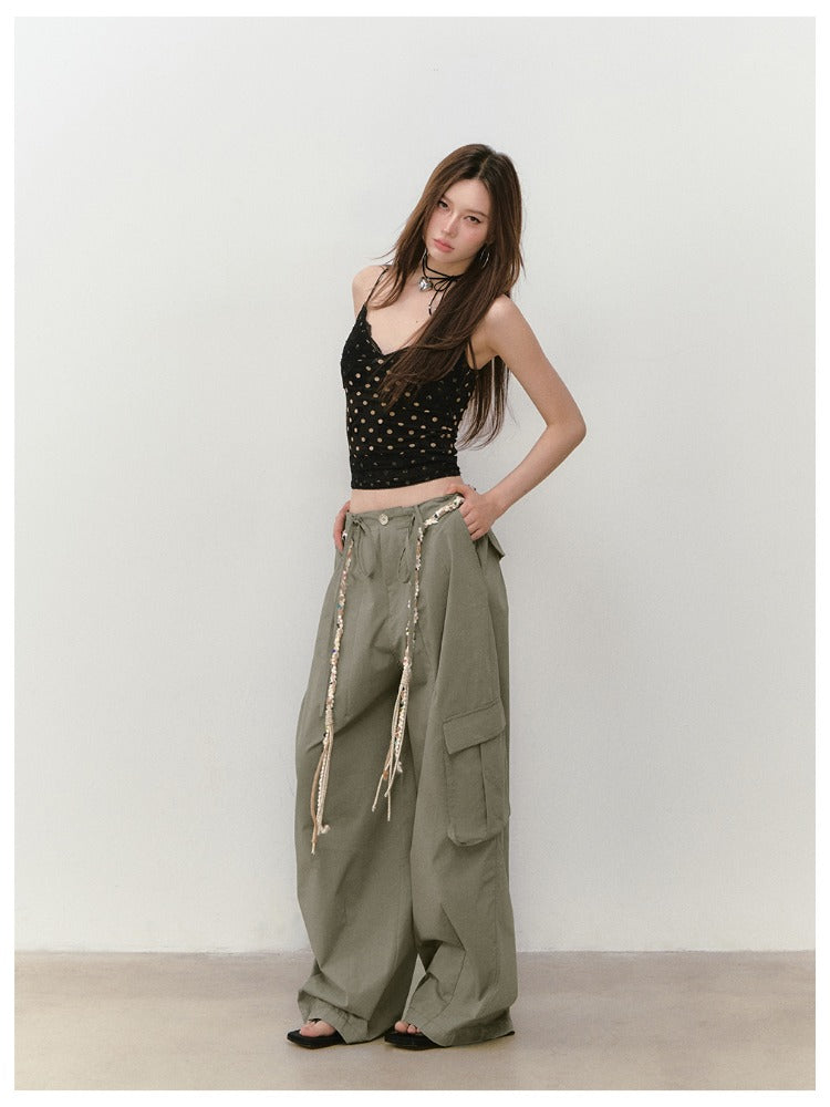 Wide-Leg Beaded Cargo Large Pockets Pants