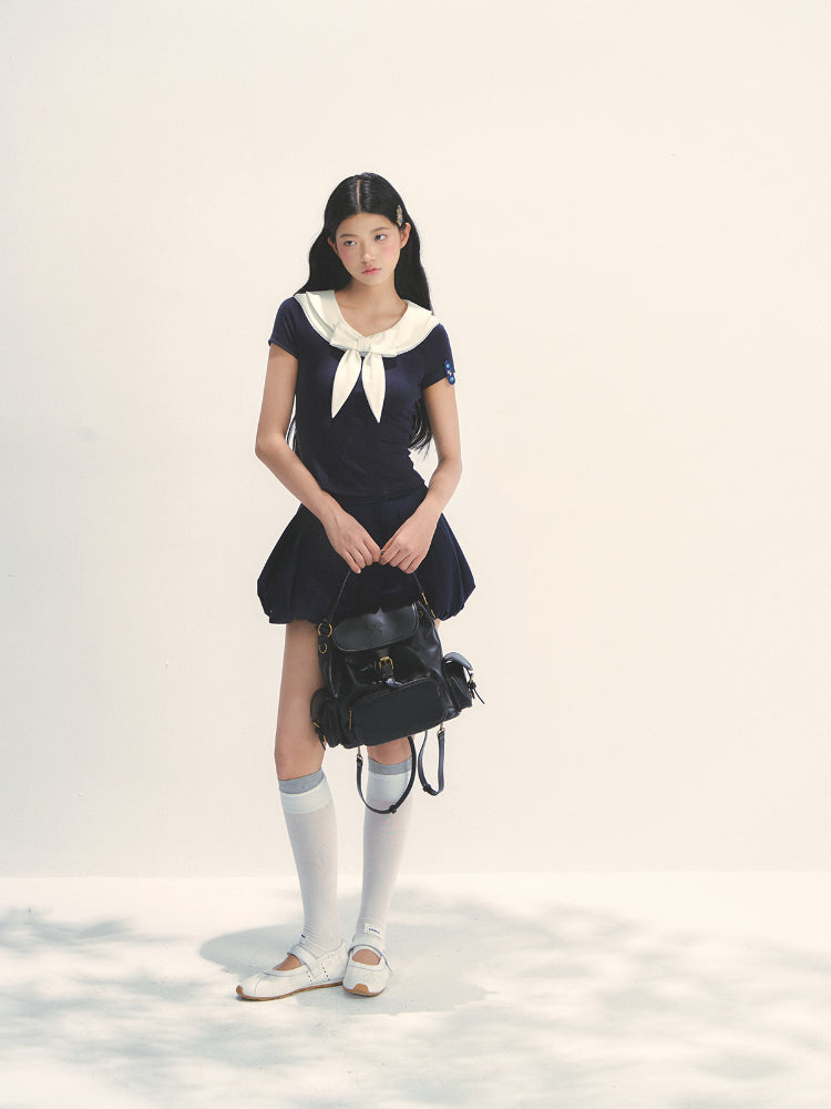 Bow-neck Contrast-color Skin Friendly Cotton T-shirt