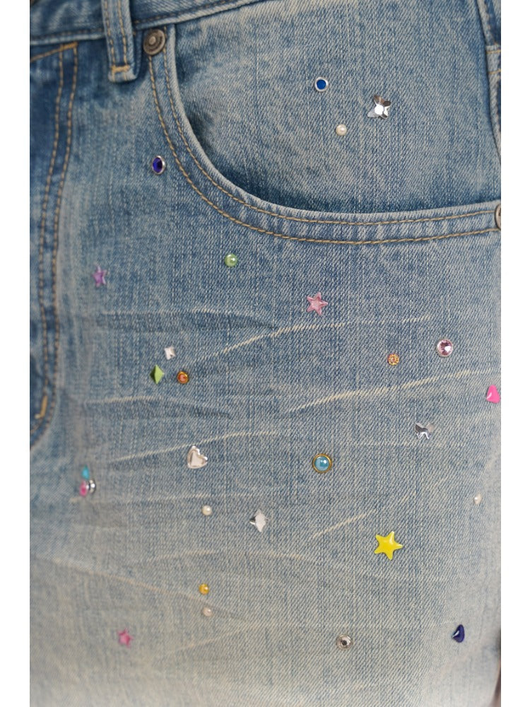 Rhinestone Pocket Embroidered Denim Capri Shorts/Long Pants