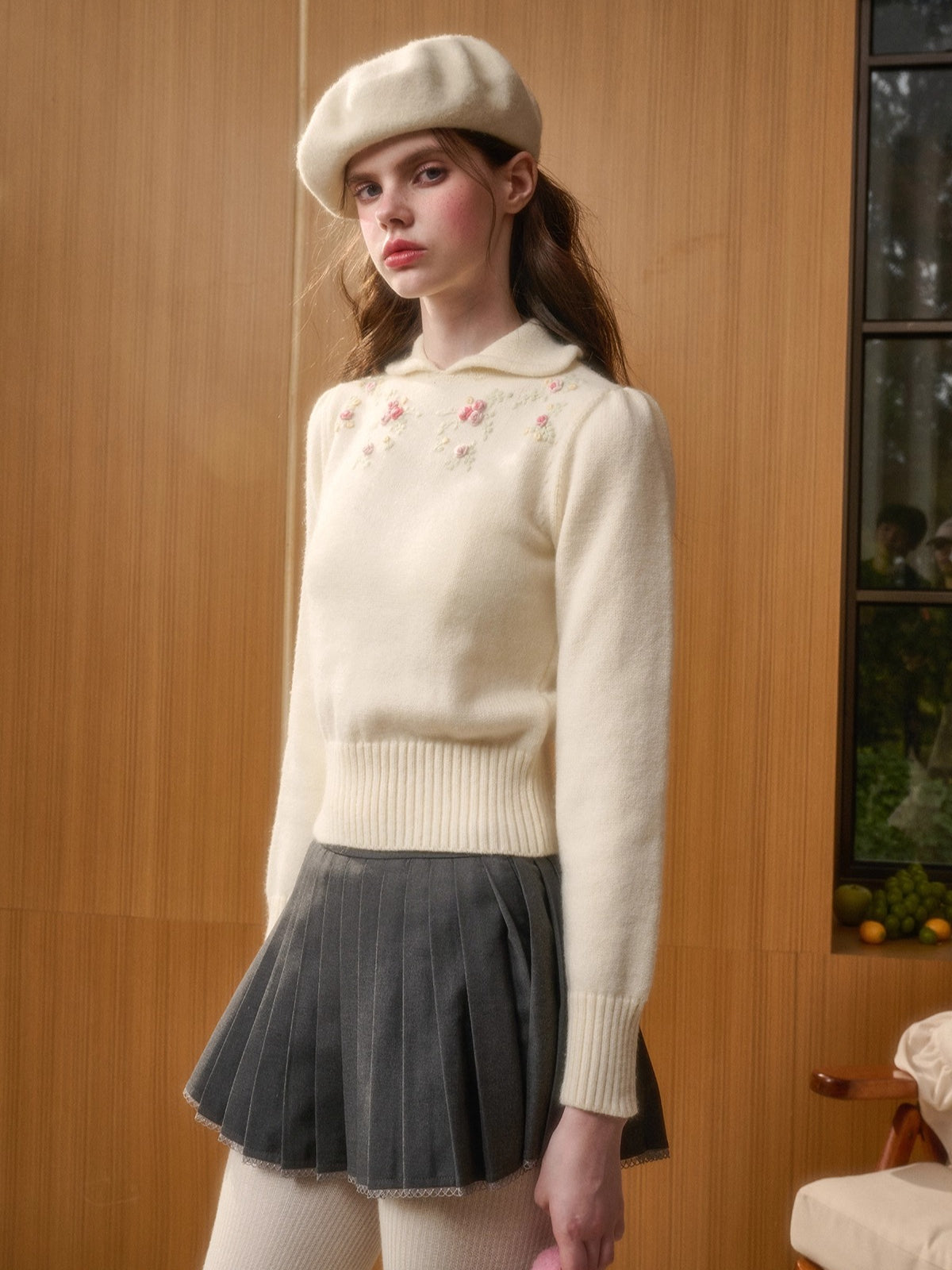 Hand-Embroidered Peter-Pan Collar Knit Top