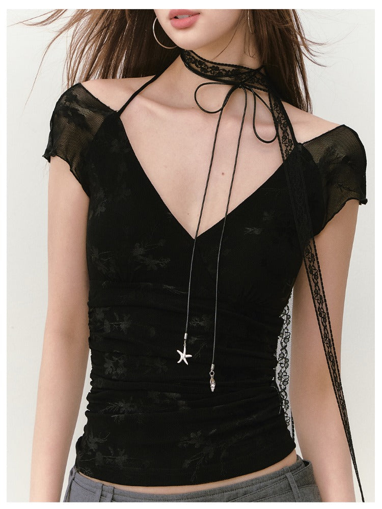 Mesh Jacquard Halter Lace Short-sleeve T-shirt