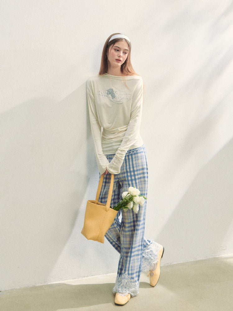 Floral Print Pleated Long-Sleeve T-shirt