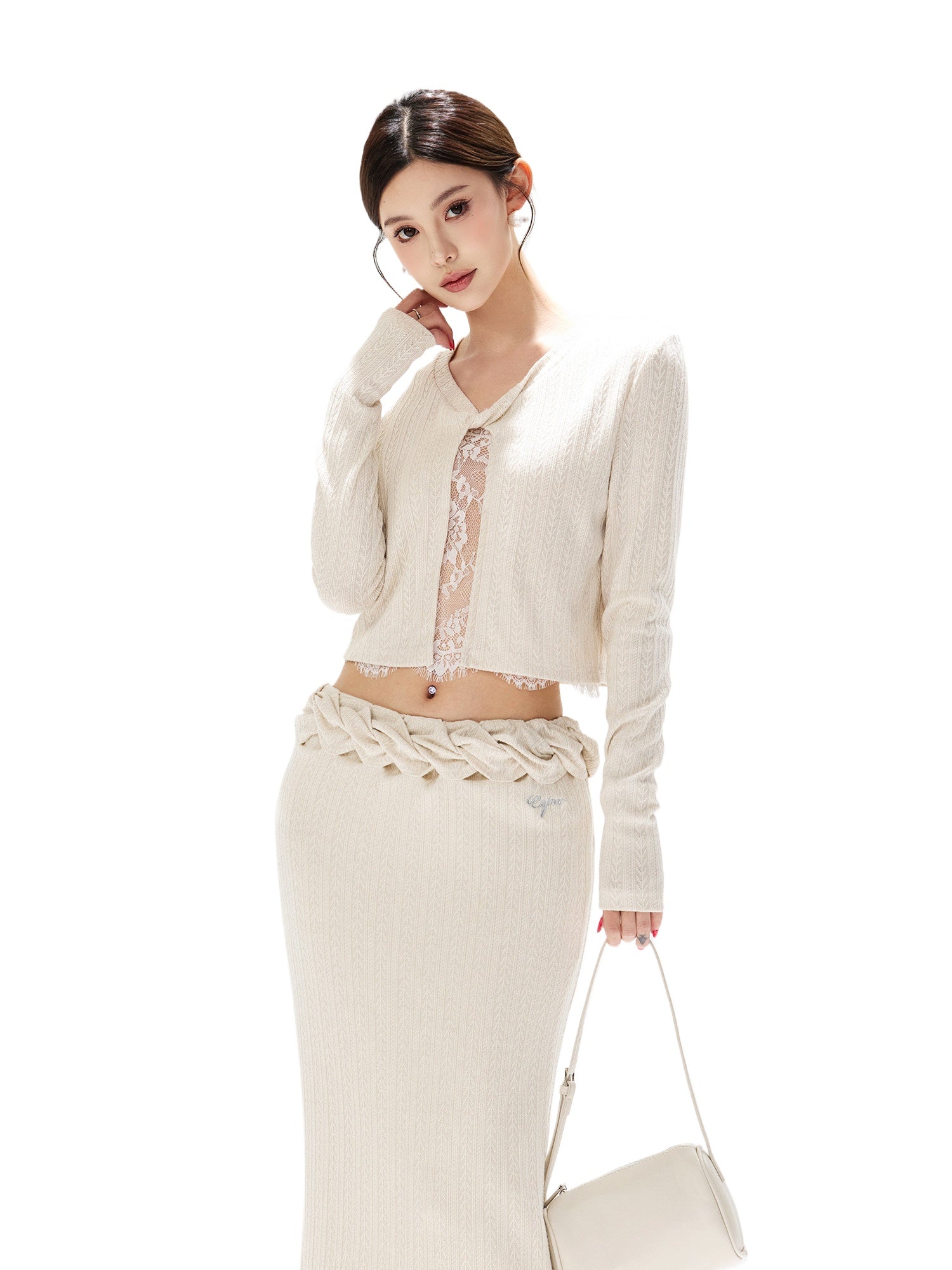 Apricot Lace Knit Blouse & Skirt Set