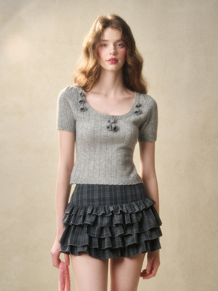 Gray Plaid Doll Collar Lace Waist Shirt & Cami Set