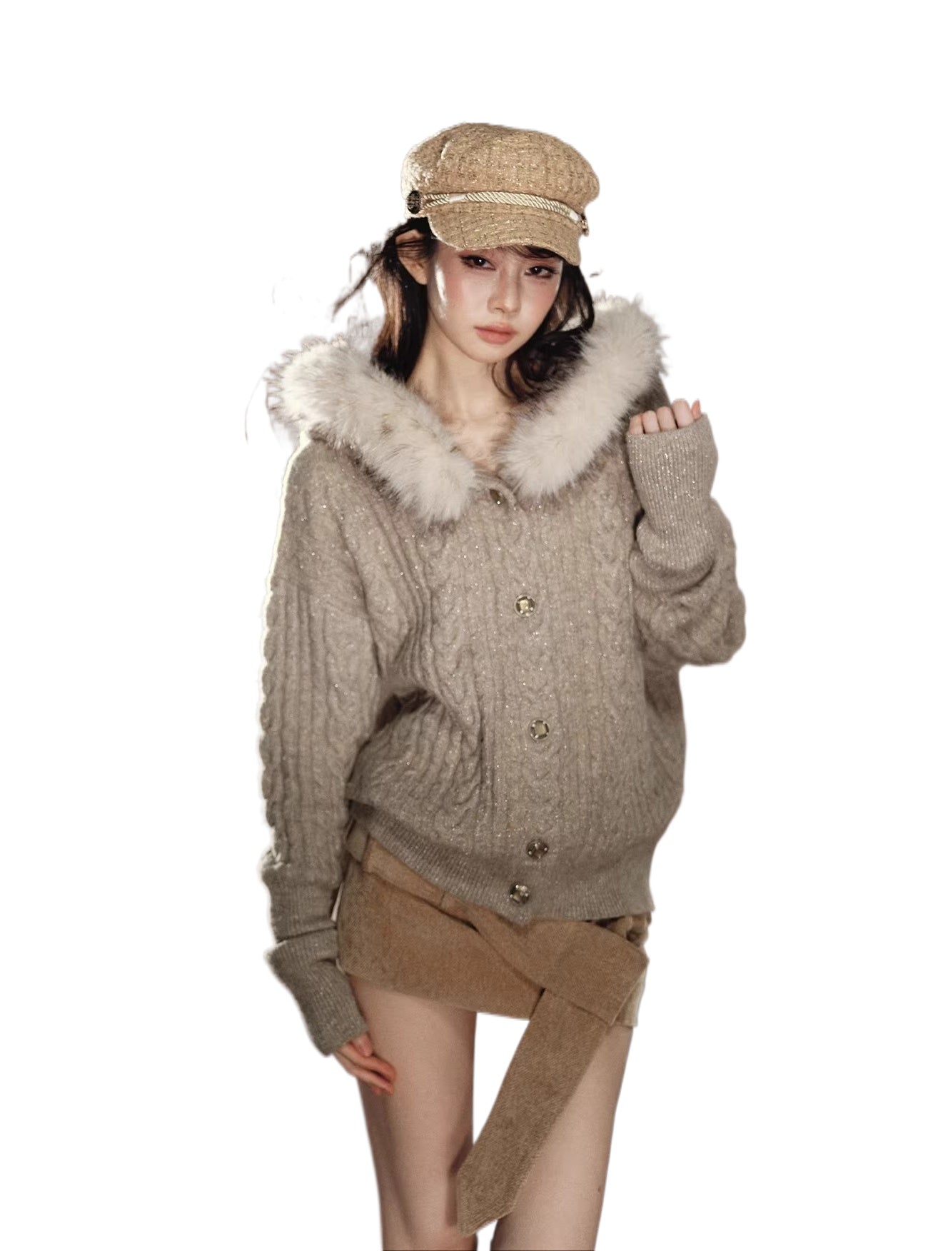 Sparkle Cable Knit Hooded Cardigan