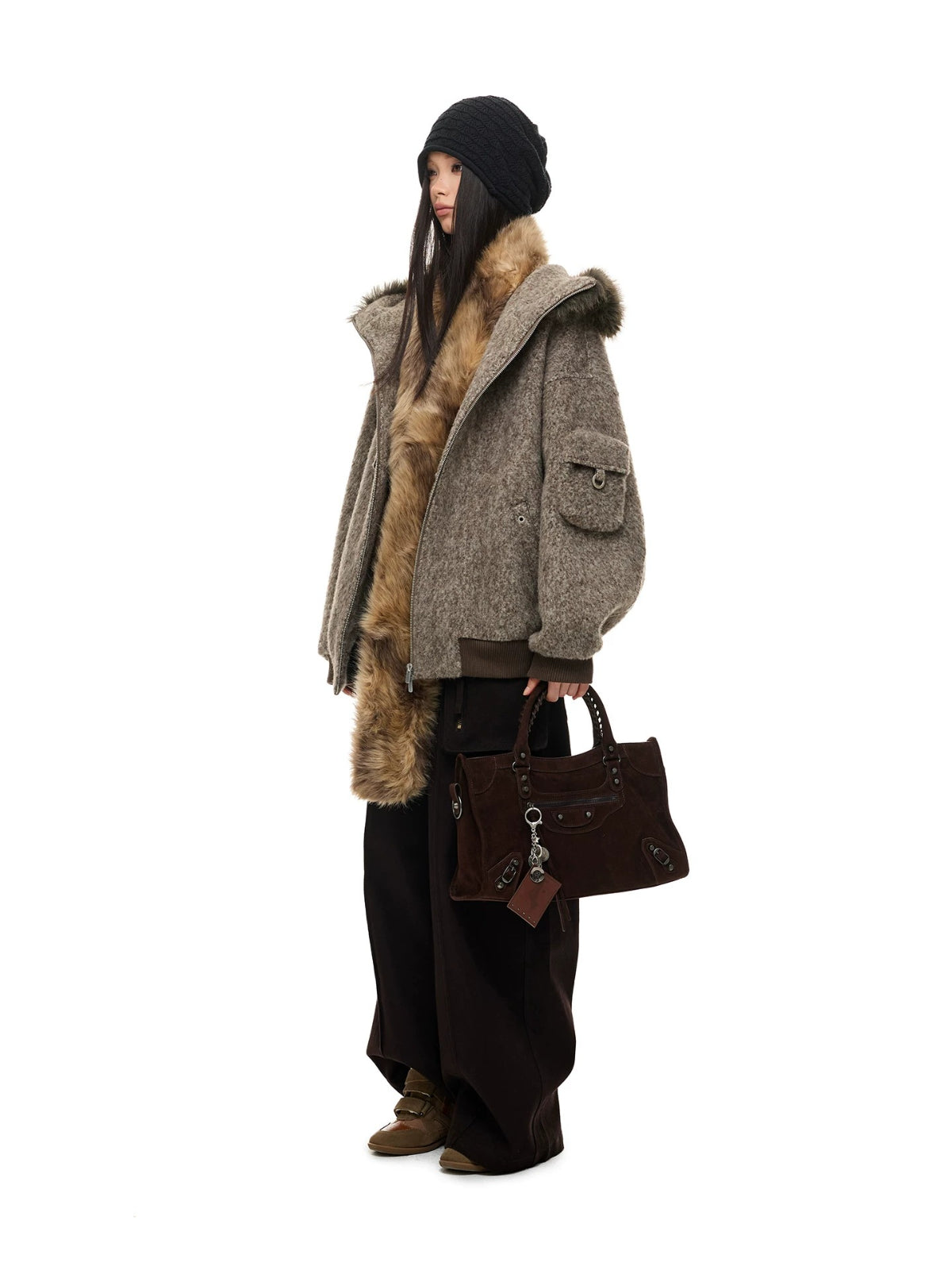 Fur Collar Hooded Wool Coat