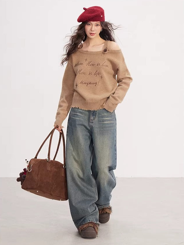 Off Shoulder Embroidered Distressed Sweater