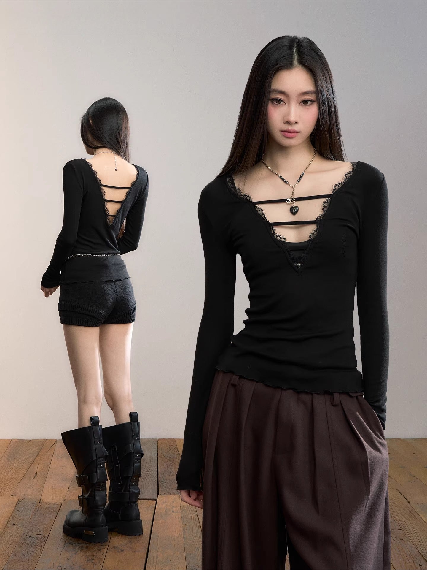 Reversible Lace-Trim Long-Sleeve Tee