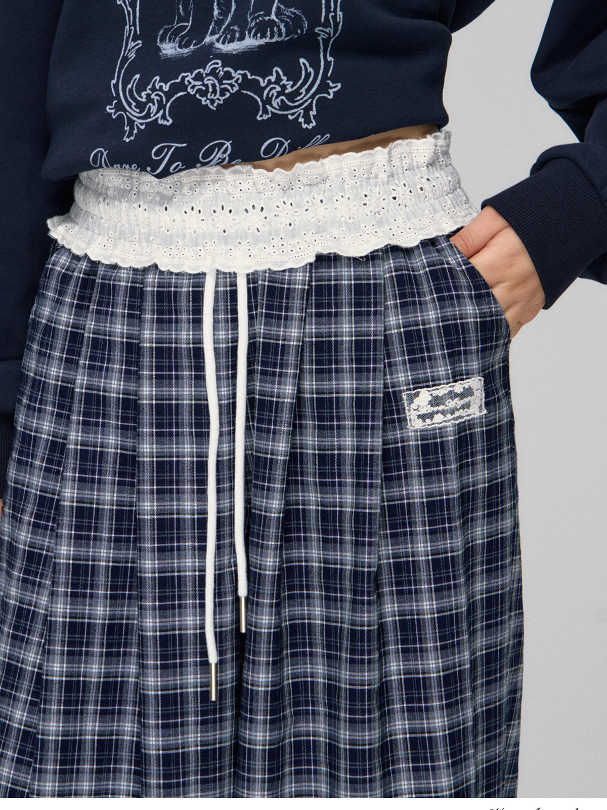 Navy Lace-Trim Plaid Pants
