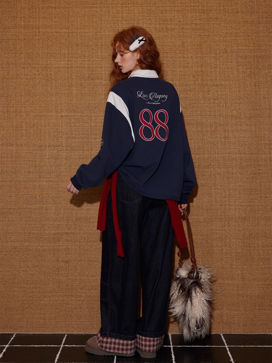 Contrast Collar Embroidered Drawstring Sweatshirt