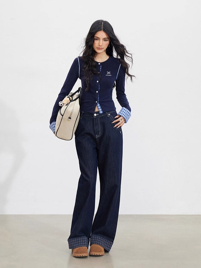 Navy Plaid Embroidered Knit Top