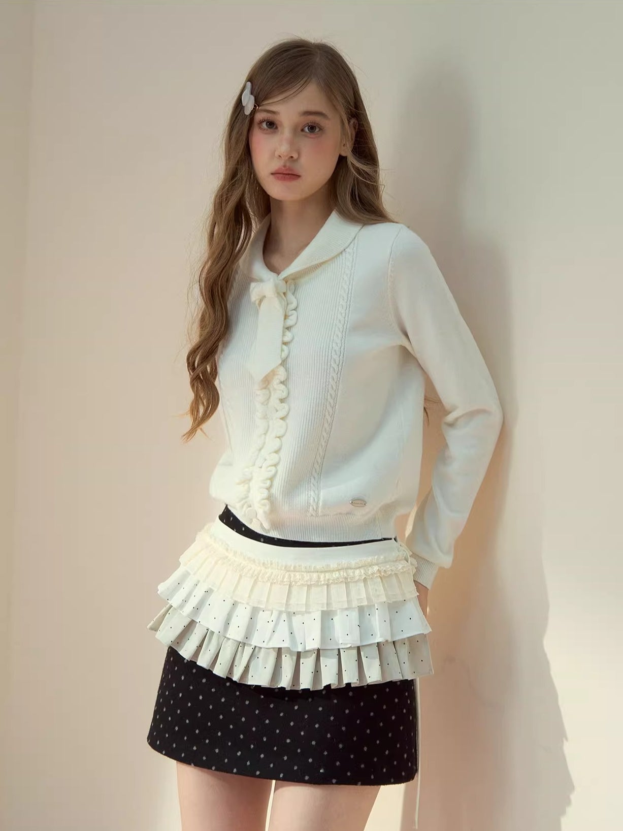Ruffle-Tie Knit Peter-Pan Collar Sweater