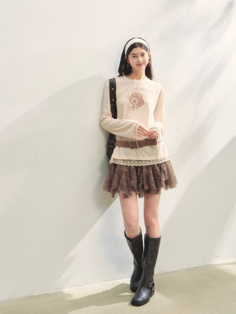 Lace Panel Animal Print Long-Sleeve Tee