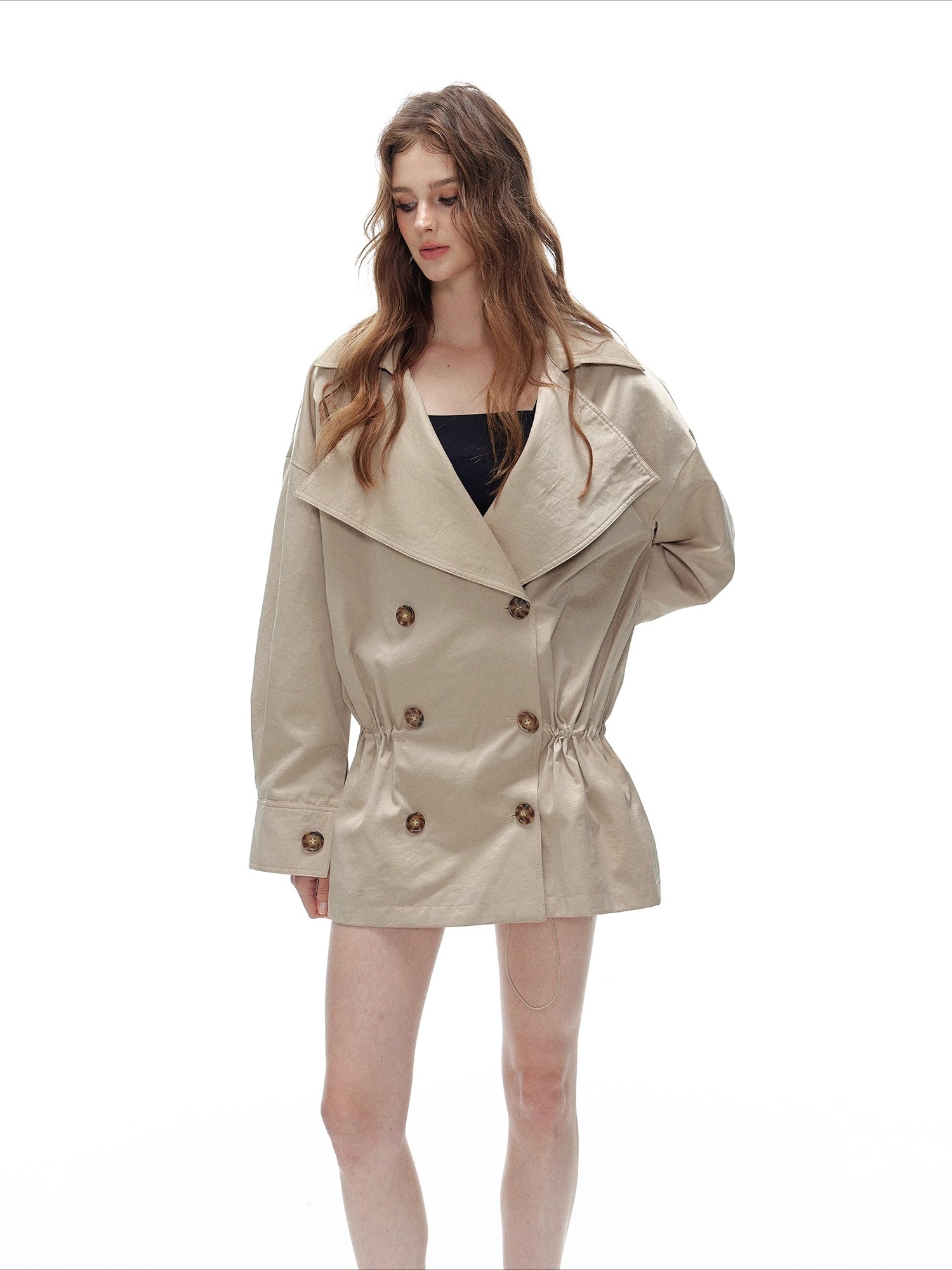 Khaki Double-Breasted Short Trench Coat & Waist Belt Set