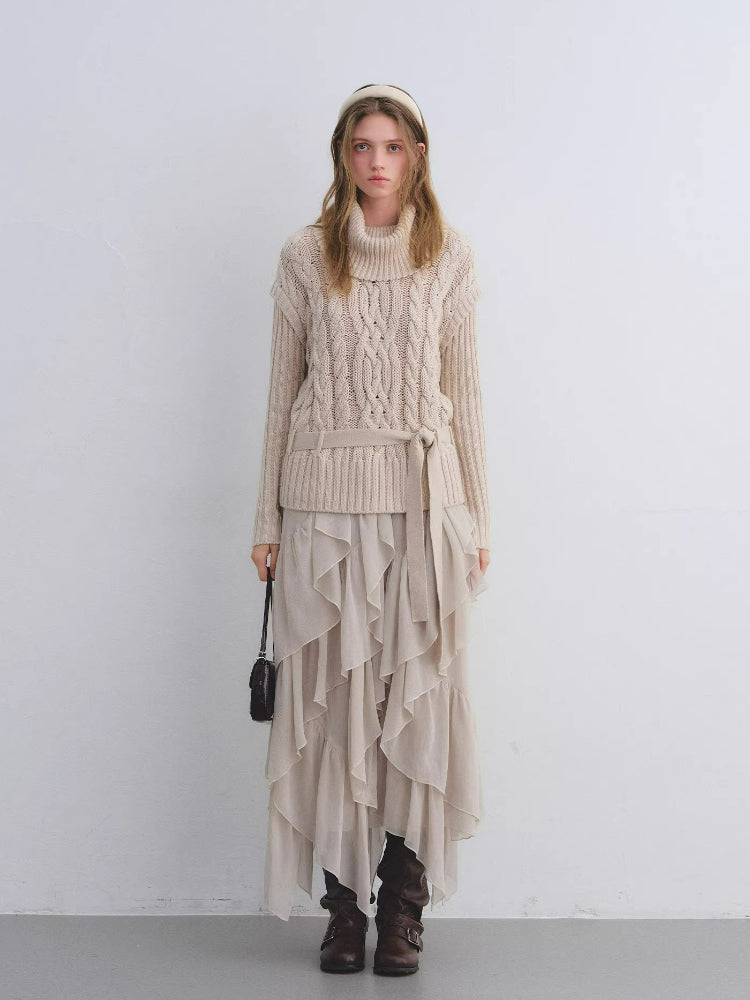 Cable Knit Mock Two-Piece Turtleneck Sweater