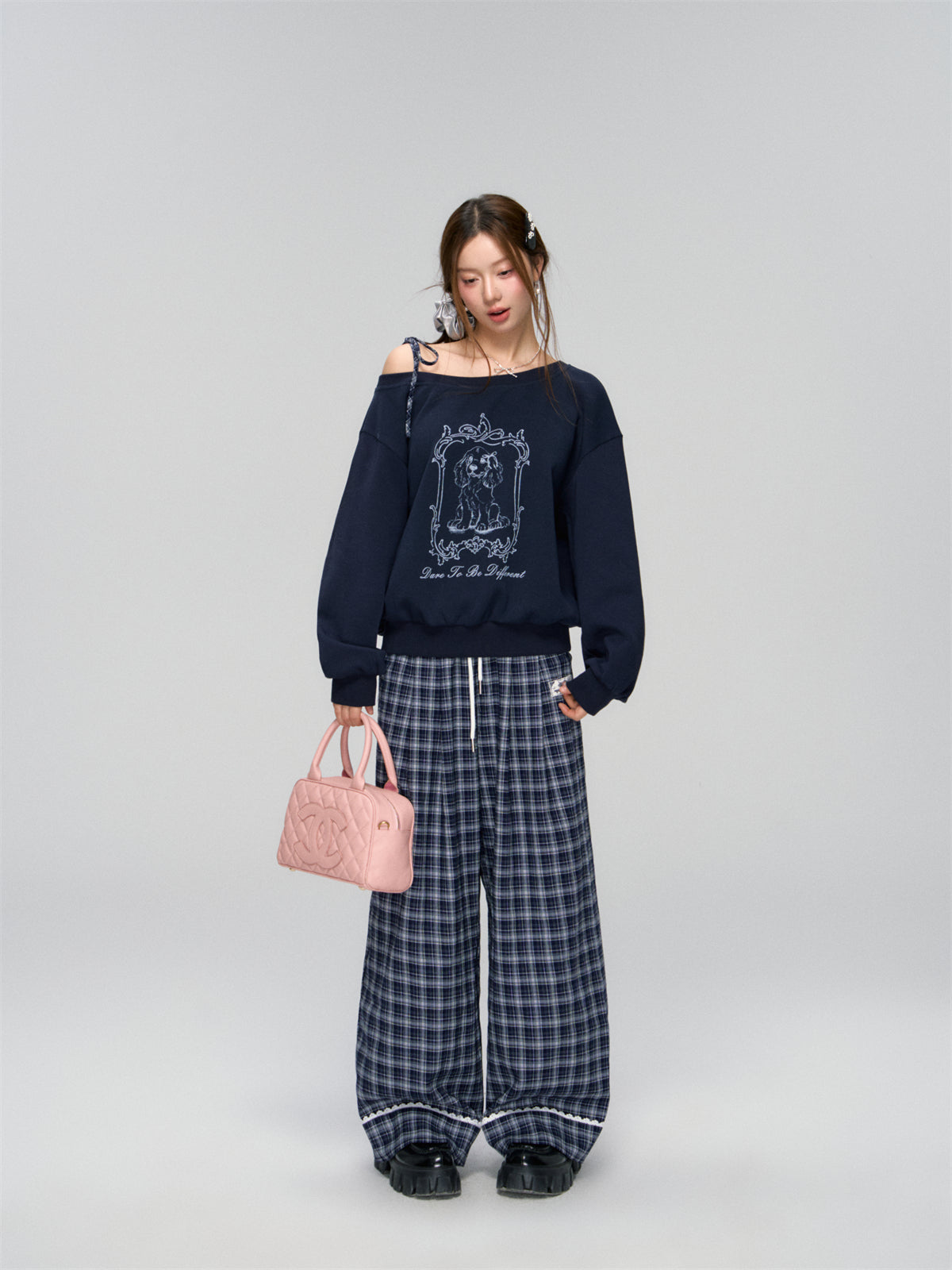 Navy Lace-Trim Plaid Pants