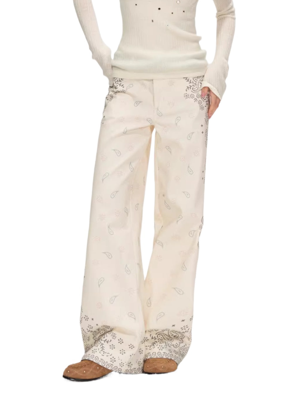 Belted Paisley Wide-Leg Pants