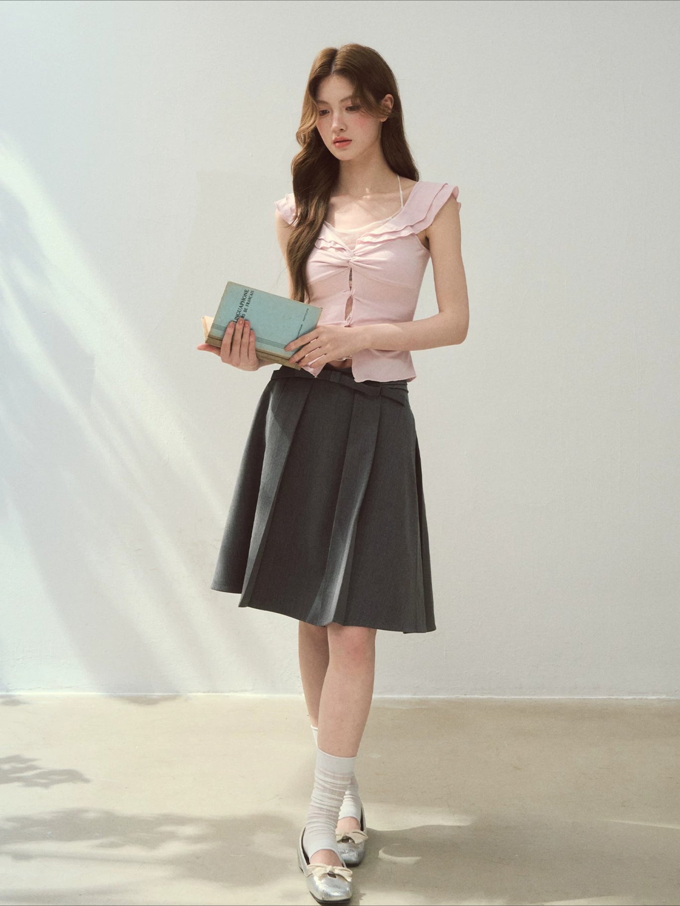 Pink & Gray Ruffle Trim Blouse