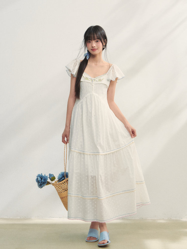 White Square Neck Hollow Embroidered Dress