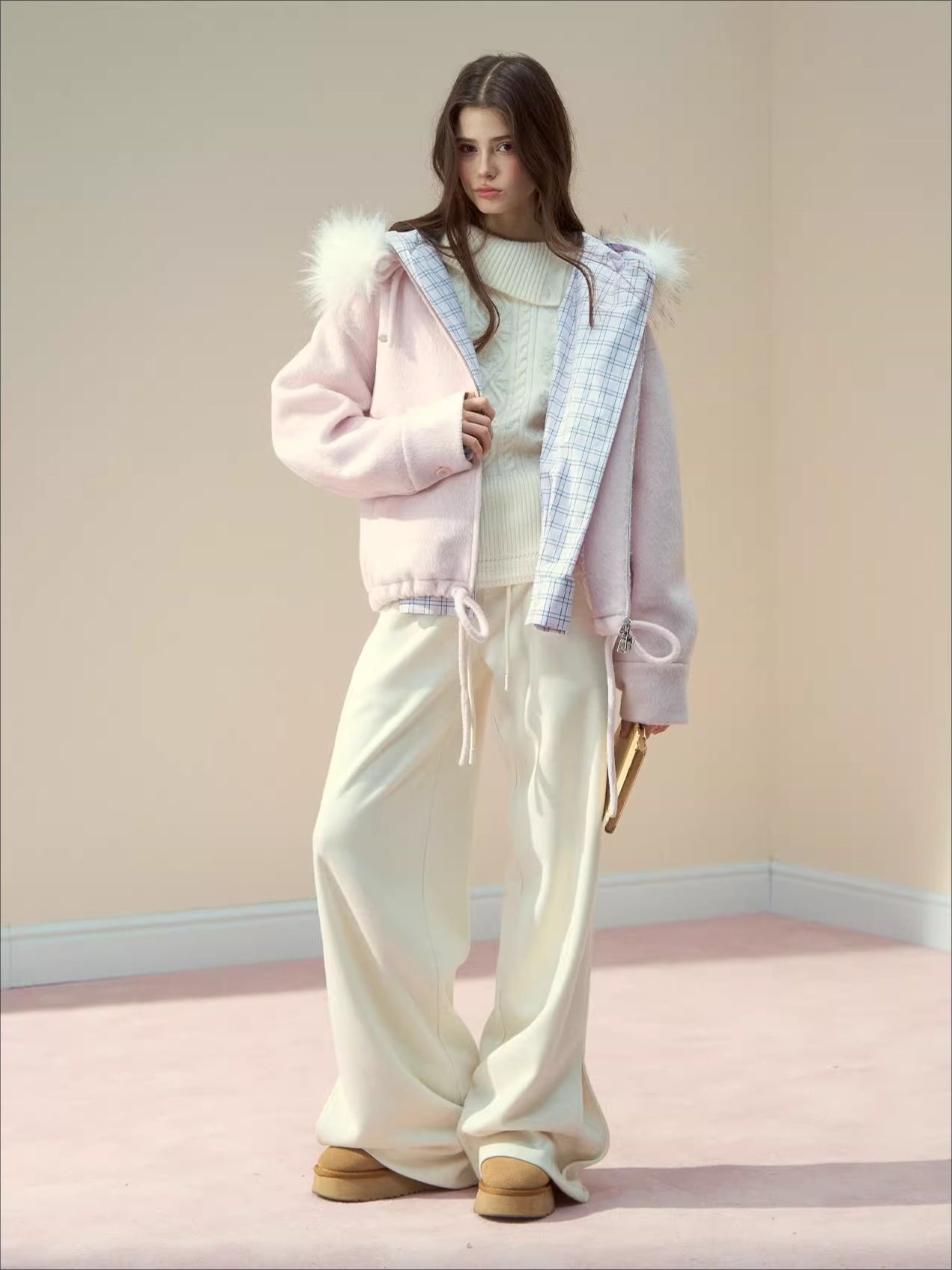 Checked Waist Wool Straight-Leg Pants