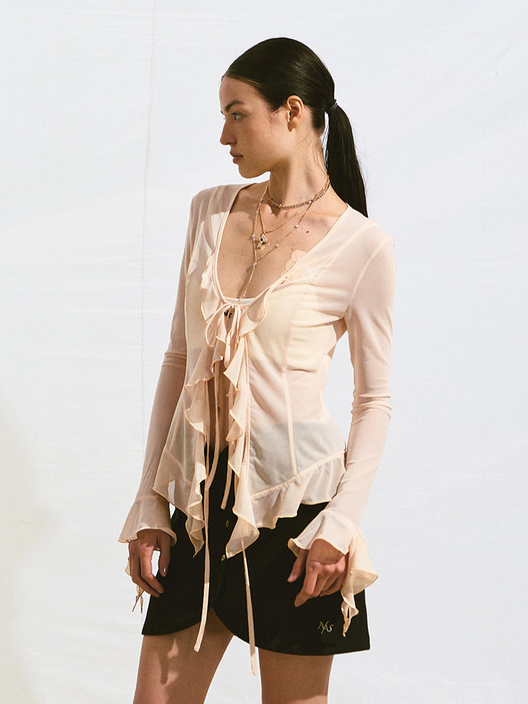 V-Neck Ruffle Mesh Overlay Top