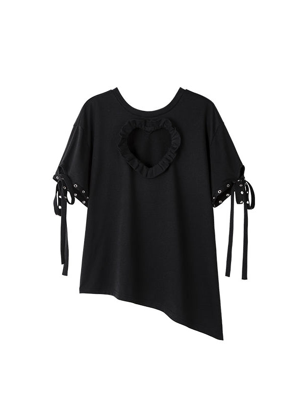 Black & White Heart-shaped Hollow-out Lace-up T-Shirt