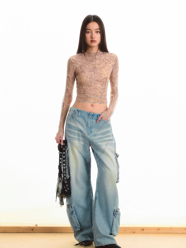 Printed Pleated Long Sleeve T-shirt