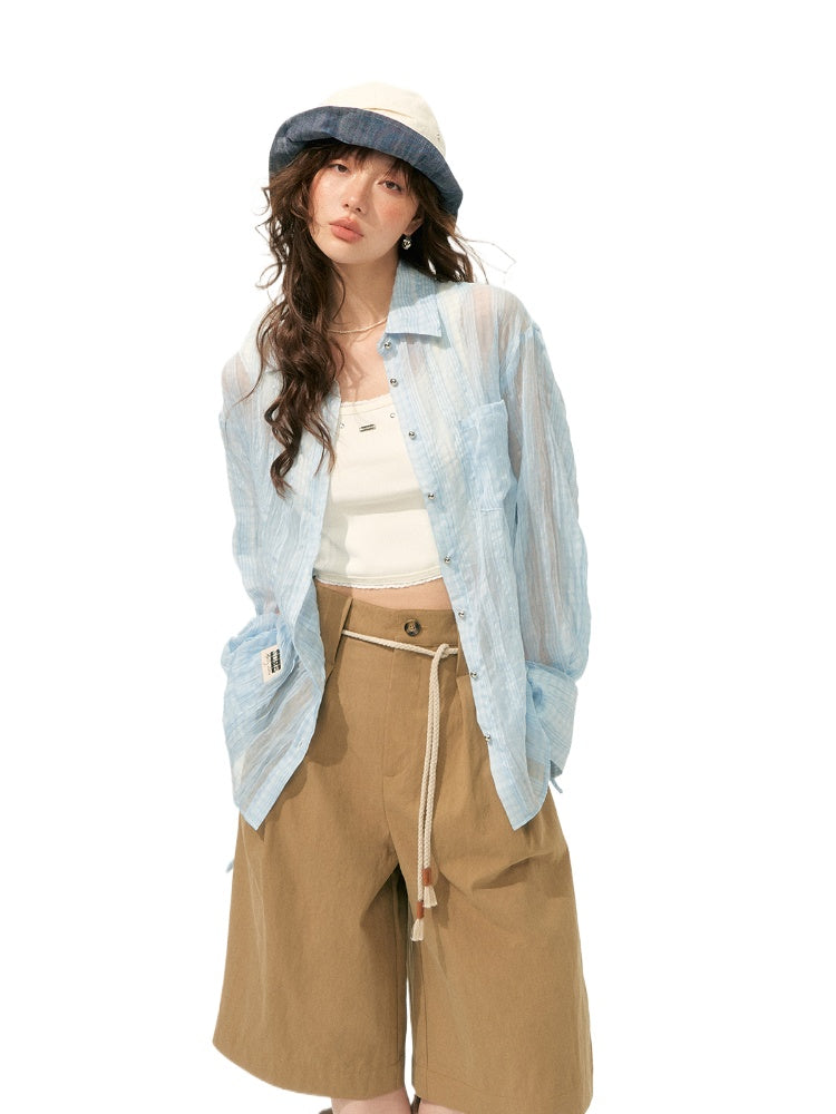 Blue Relaxed Fit Pleated Sheer Shirt