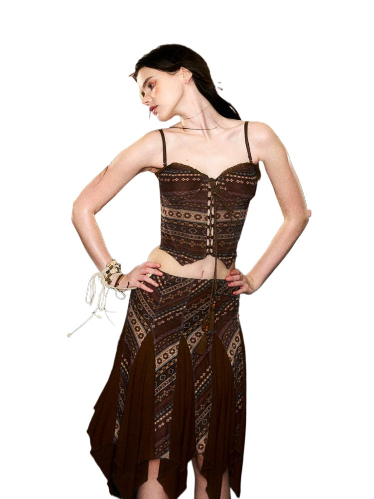 Brown Boho Corset Skirt Set