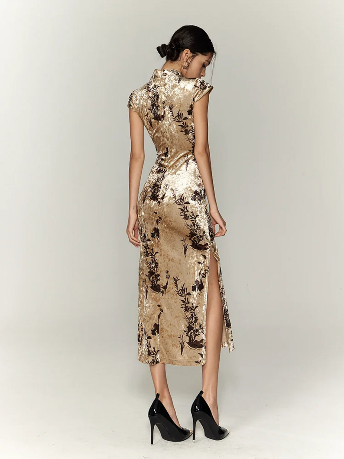 Khaki Velvet Printed Qipao Dress