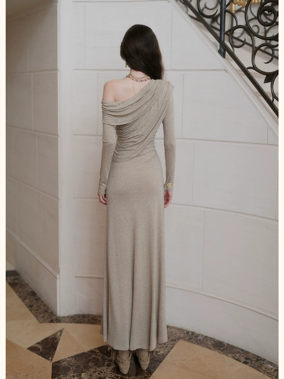 Asymmetric Off-Shoulder Wool Dress
