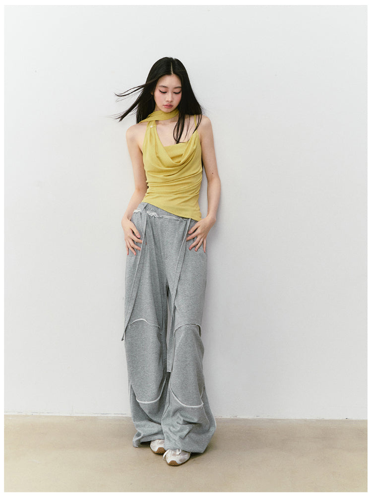 Color-blocked Raw-edge Wide-leg Pants