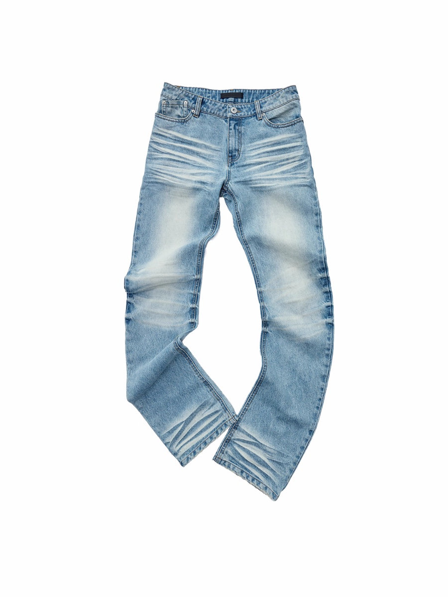 Vintage Pleated Washed Denim Curved Jeans