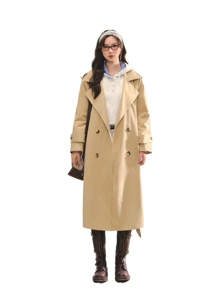 Khaki Embroidered Collar Khaki Long Trench Coat