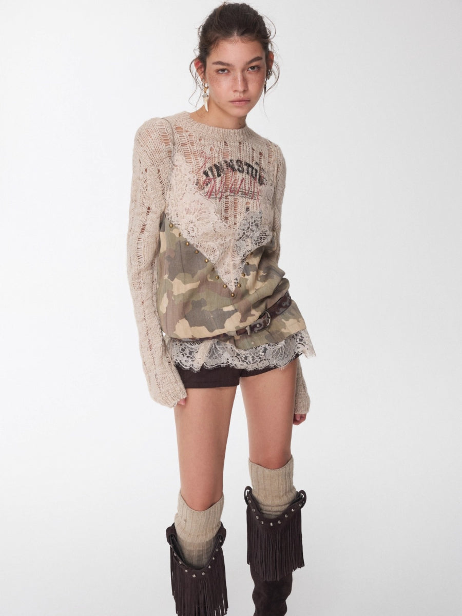 Camouflage V-Neck Lace Rhinestone Cami Top