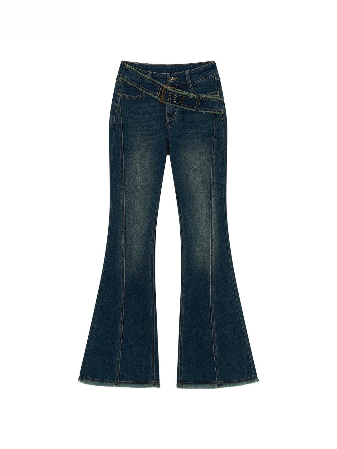 Washed Raw-Edge Belted Flare Jeans