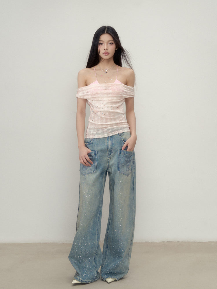 Colorful Rhinestone One-Shoulder Top T-shirt