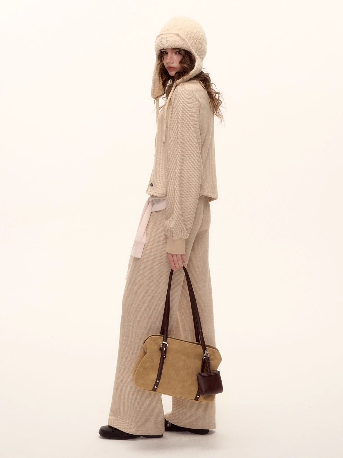 Waffle Knit V-Neck Pullover & Tie Vest Set with Wide-Leg Pants