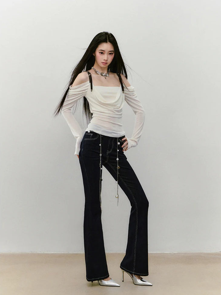 Draped Neck Leather Strap Acetate One-shoulder T-shirt