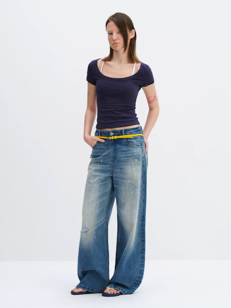 Lace Trim U-neck Tee