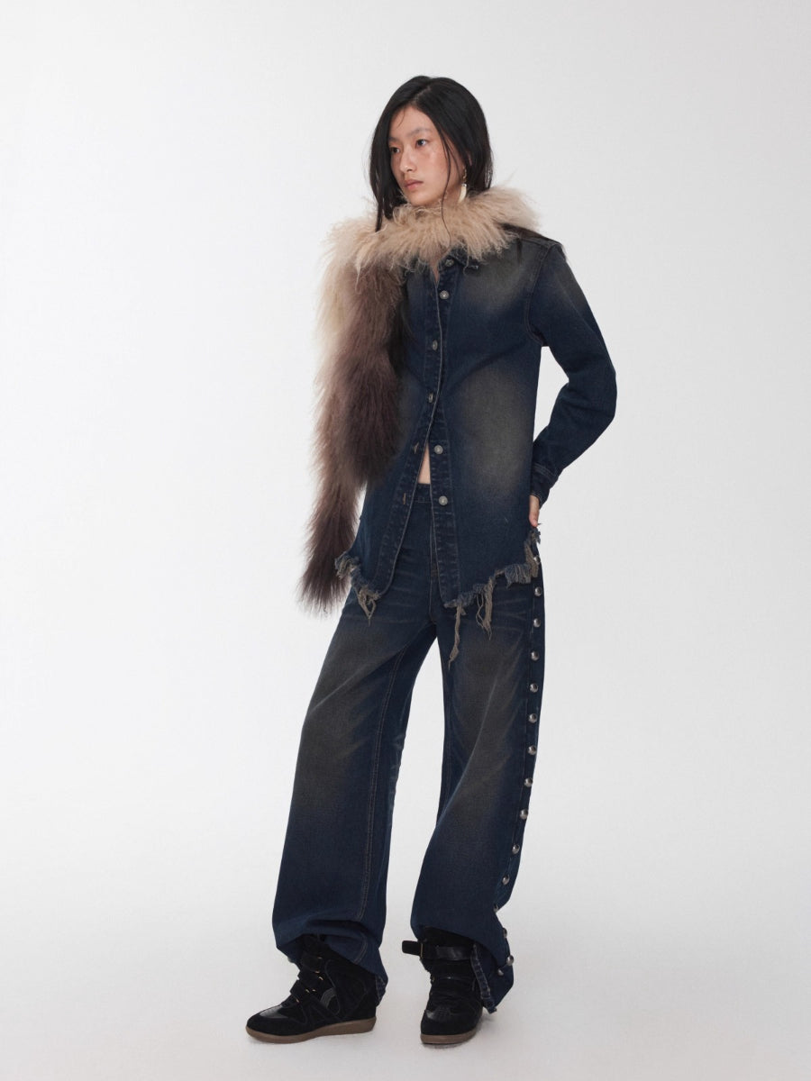 Vintage Washed Frayed-Edge Denim Shirt