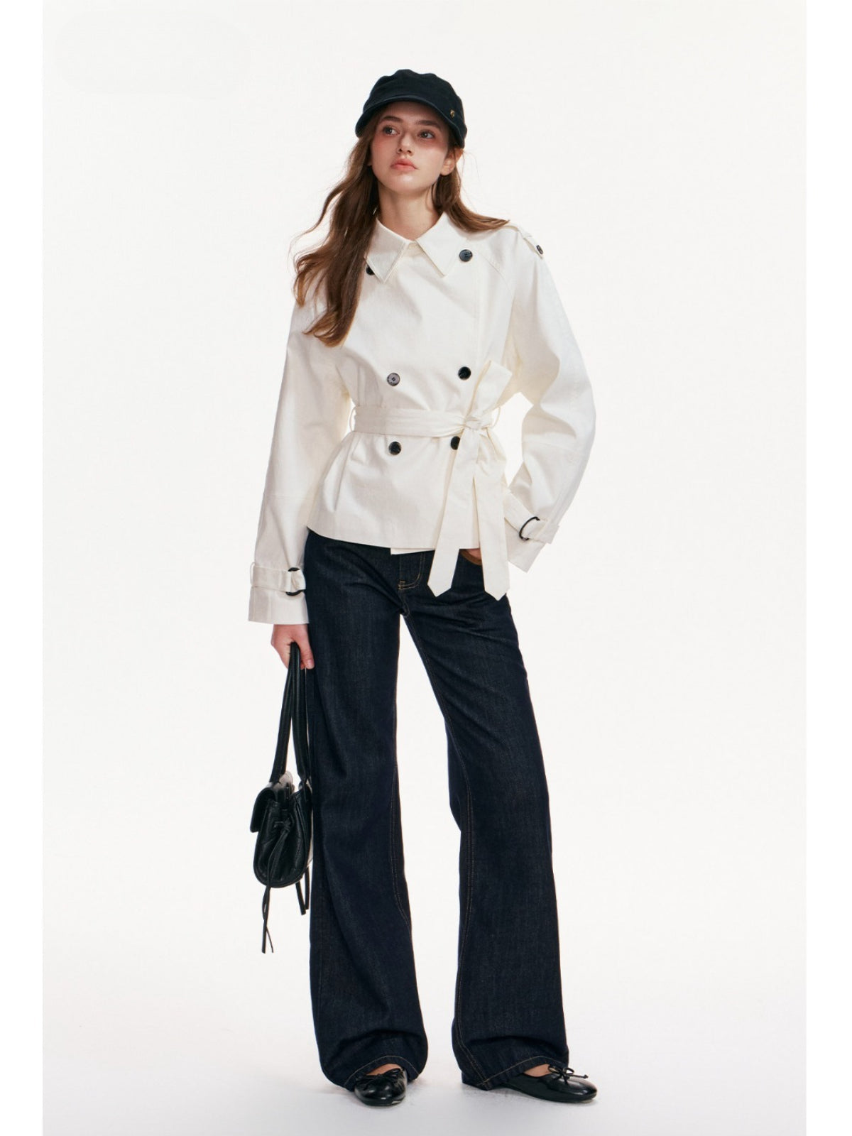 Buttoned Lapel Belted Cropped Trench Coat