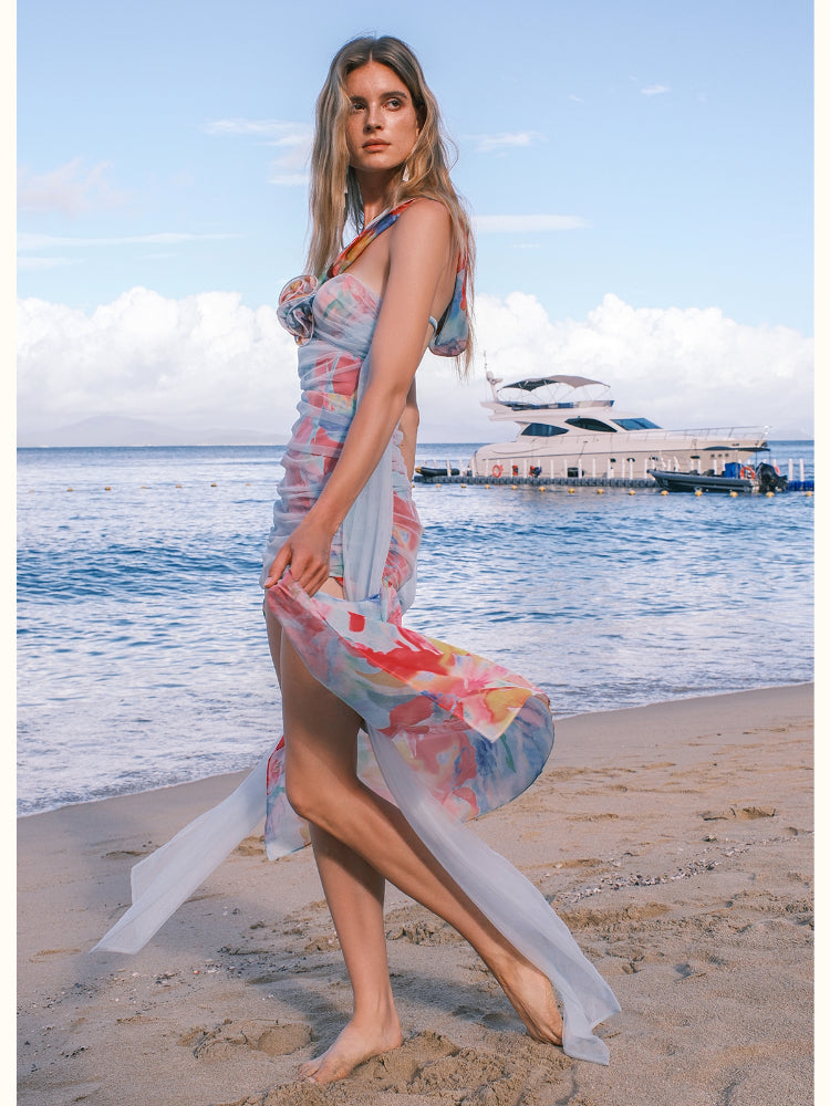 Chiffon Floral-print Halter Neck Backless Irregular Dress