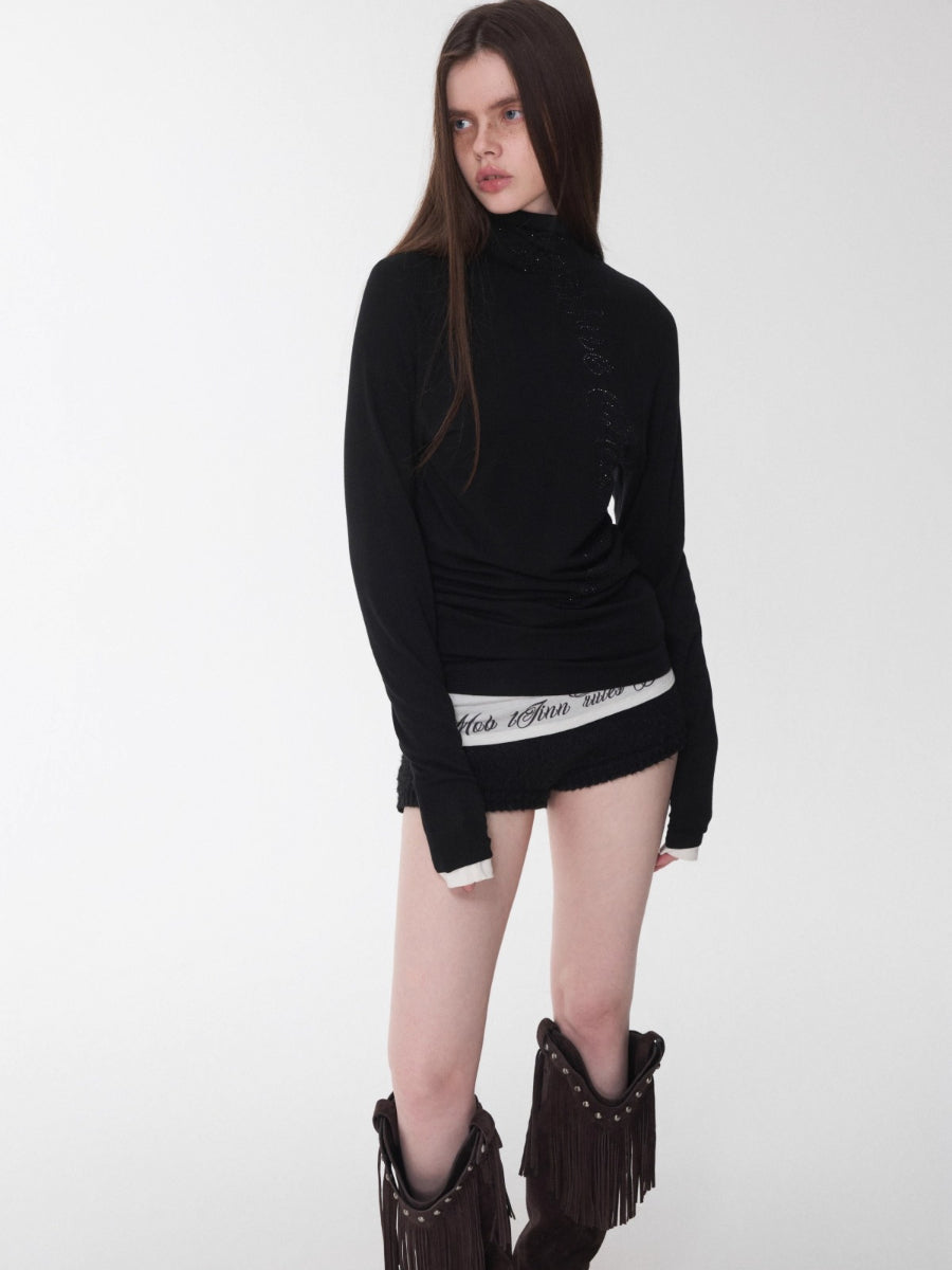 Rhinestone High Neck Raglan Knit Top