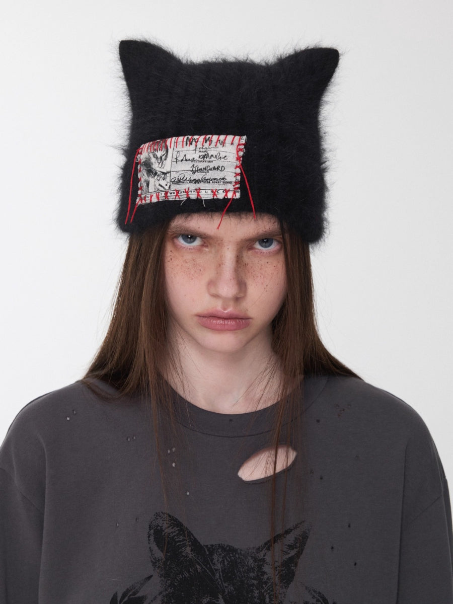 Knitted Cat-Ear Beanie with Hand-Stitched Label