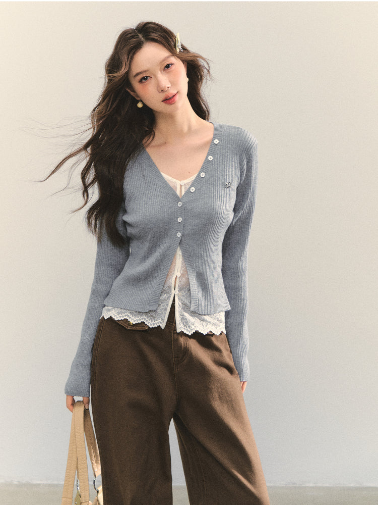 Lace Tie Fake Two-Piece Knitted Cardigan